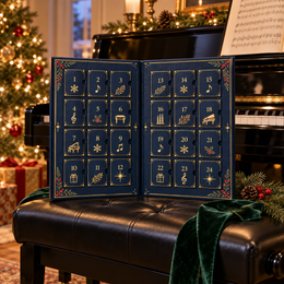 Piano Advent Calendar displayed beside a piano at Christmas